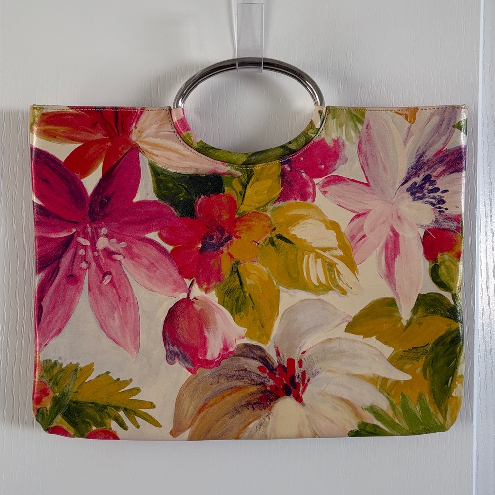 Maurizio Taiuti genuine leather floral clutch with metal ring handles - Picture 3 of 12